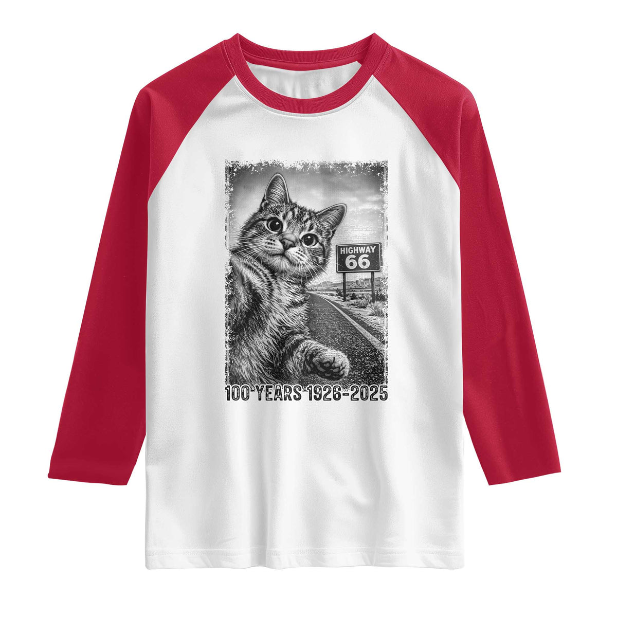 Funny Road Trip Cat Selfie with Highway 66 Raglan Shirt Centennial 1926-2026 Historic Highway Humor TS02 White Red Print Your Wear