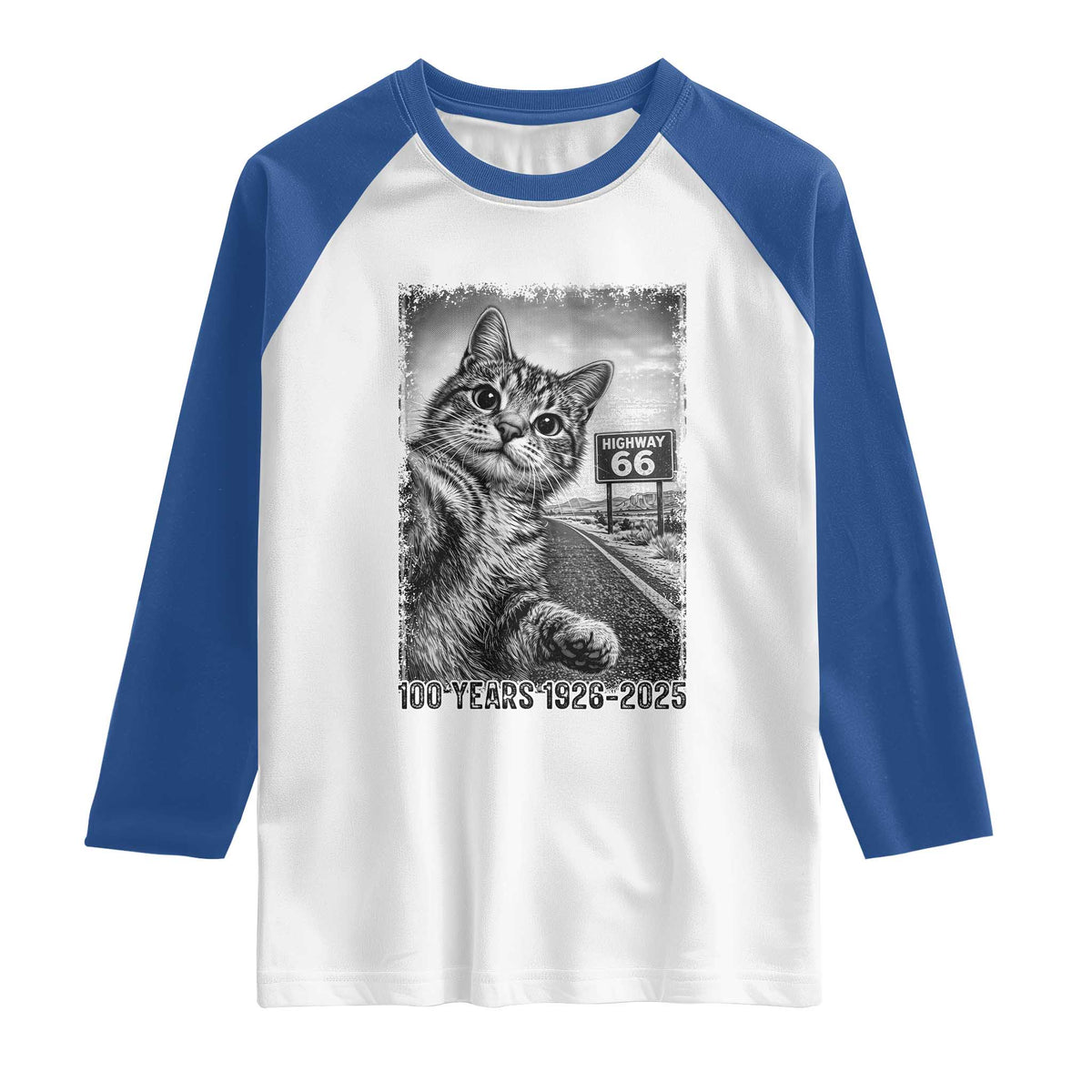 Funny Road Trip Cat Selfie with Highway 66 Raglan Shirt Centennial 1926-2026 Historic Highway Humor TS02 White Royal Print Your Wear