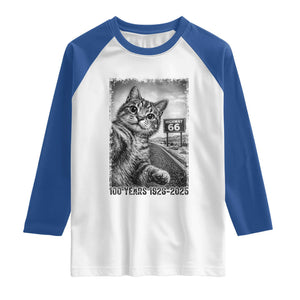 Funny Road Trip Cat Selfie with Highway 66 Raglan Shirt Centennial 1926-2026 Historic Highway Humor TS02 White Royal Print Your Wear