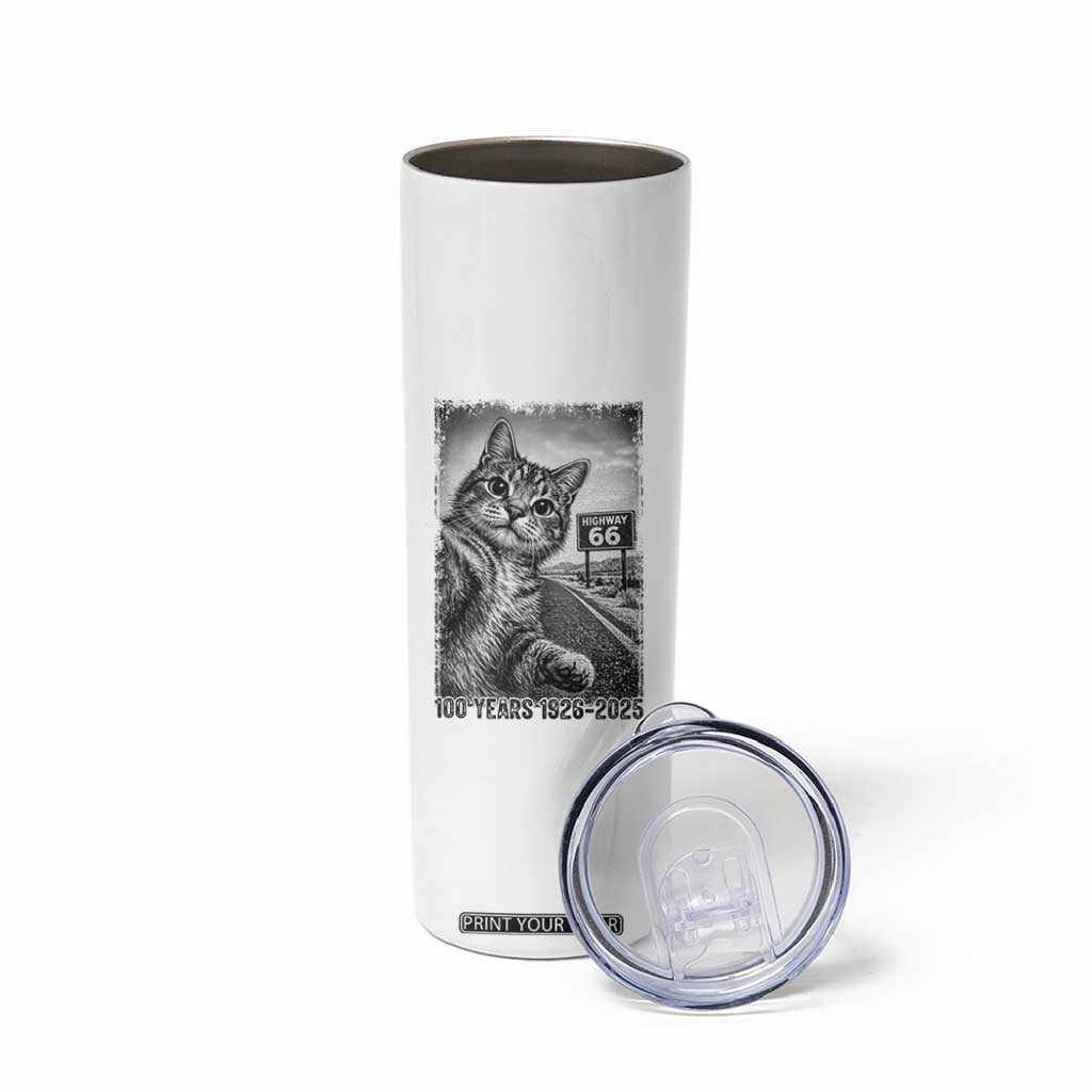 Funny Road Trip Cat Selfie with Highway 66 Skinny Tumbler Centennial 1926-2026 Historic Highway Humor TS02 Print Your Wear