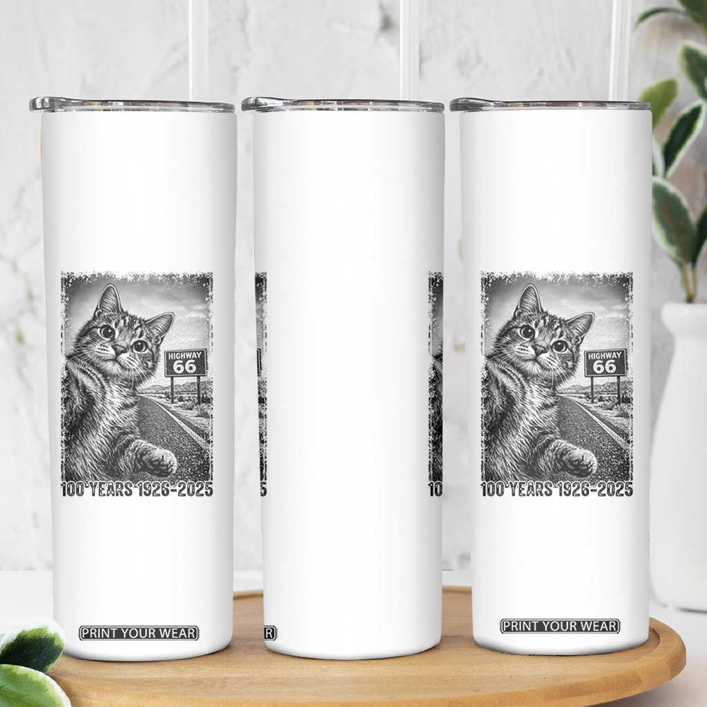 Funny Road Trip Cat Selfie with Highway 66 Skinny Tumbler Centennial 1926-2026 Historic Highway Humor TS02 Print Your Wear
