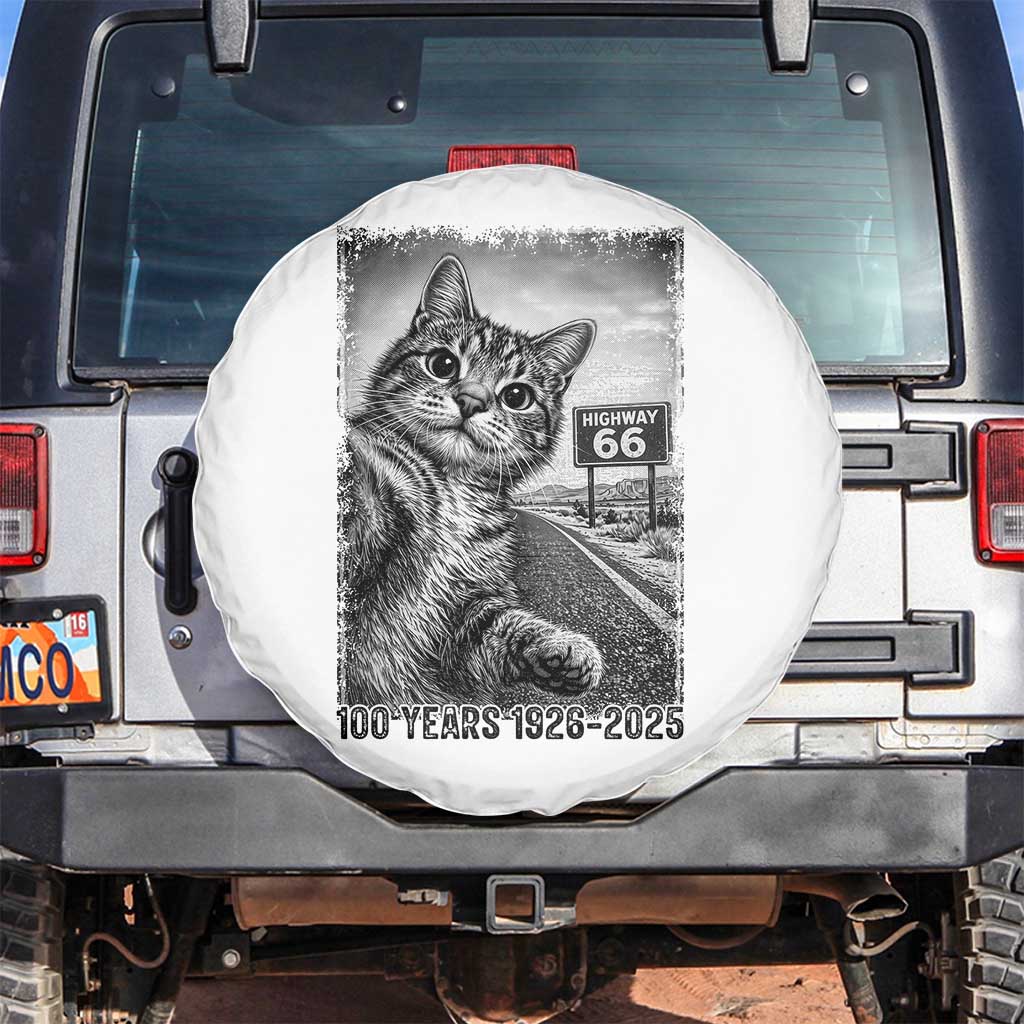 Funny Road Trip Cat Selfie with Highway 66 Spare Tire Cover Centennial 1926-2026 Historic Highway Humor TS02 No hole White Print Your Wear