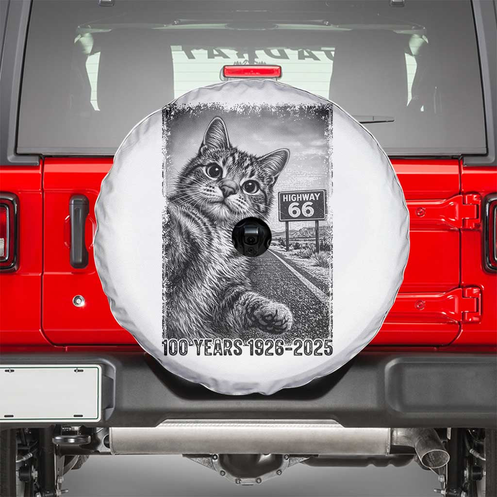 Funny Road Trip Cat Selfie with Highway 66 Spare Tire Cover Centennial 1926-2026 Historic Highway Humor TS02 White Print Your Wear