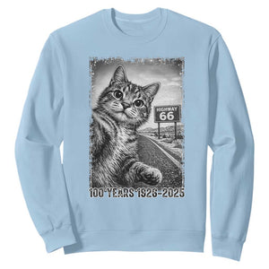 Funny Road Trip Cat Selfie with Highway 66 Sweatshirt Centennial 1926-2026 Historic Highway Humor TS02 Light Blue Print Your Wear