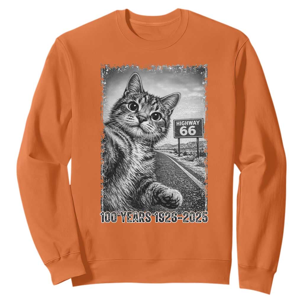 Funny Road Trip Cat Selfie with Highway 66 Sweatshirt Centennial 1926-2026 Historic Highway Humor TS02 Orange Print Your Wear
