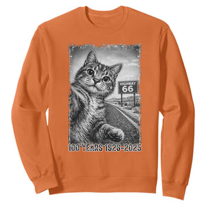 Funny Road Trip Cat Selfie with Highway 66 Sweatshirt Centennial 1926-2026 Historic Highway Humor TS02 Orange Print Your Wear