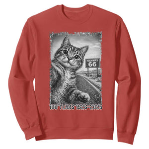 Funny Road Trip Cat Selfie with Highway 66 Sweatshirt Centennial 1926-2026 Historic Highway Humor TS02 Red Print Your Wear