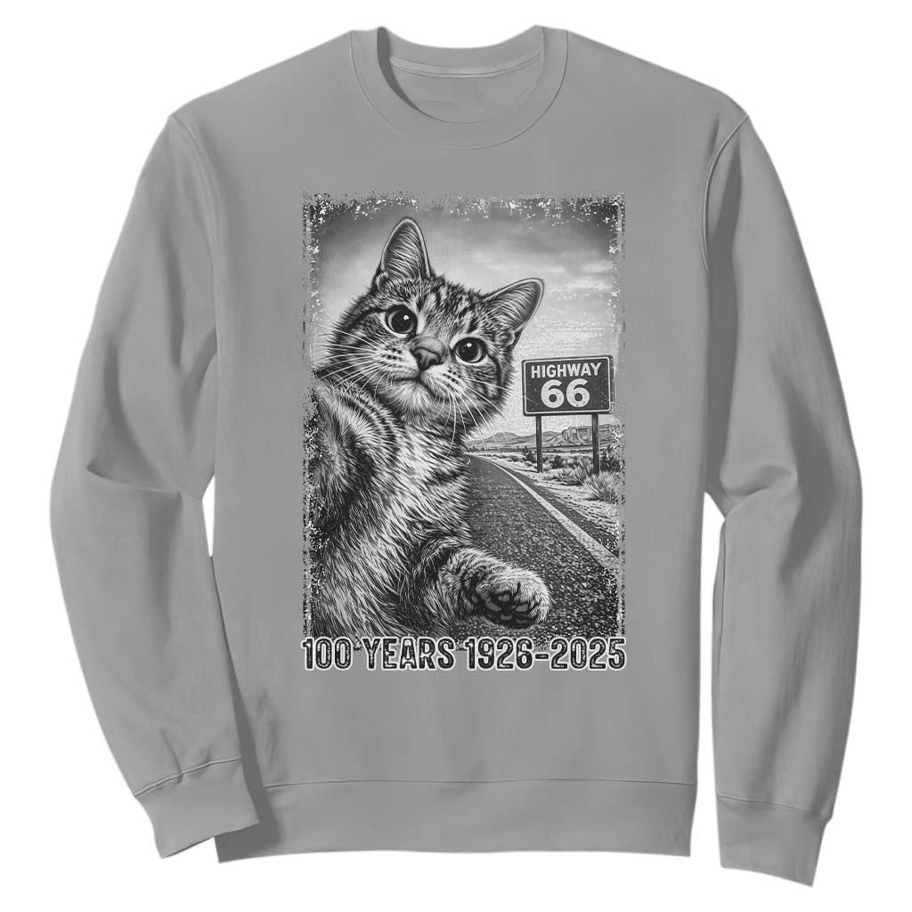 Funny Road Trip Cat Selfie with Highway 66 Sweatshirt Centennial 1926-2026 Historic Highway Humor TS02 Sport Gray Print Your Wear