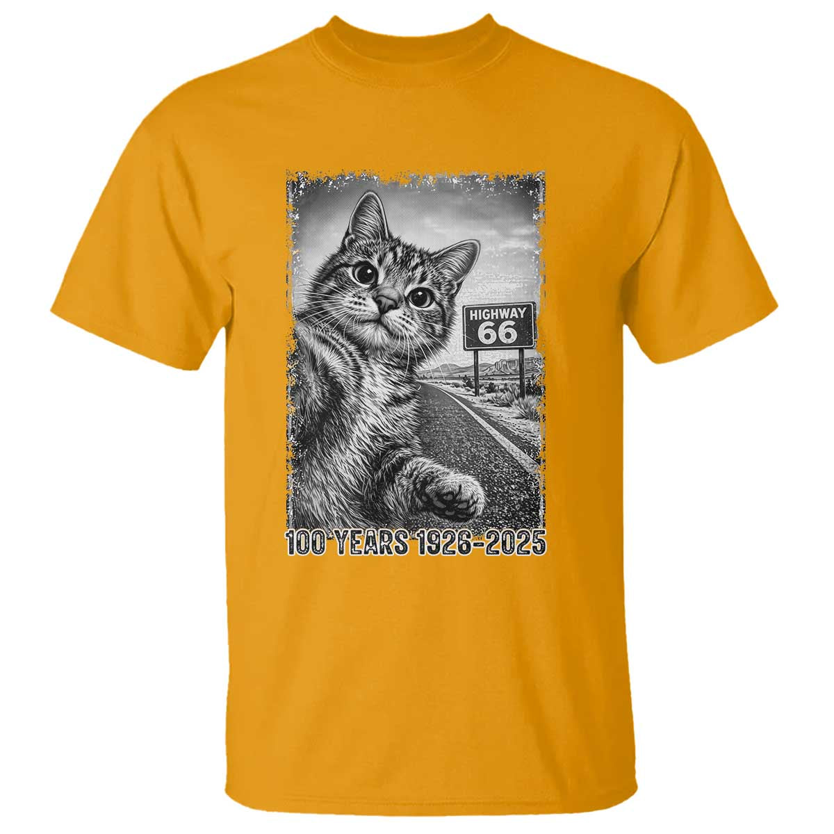 Funny Road Trip Cat Selfie with Highway 66 T Shirt Centennial 1926-2026 Historic Highway Humor TS02 Gold Print Your Wear