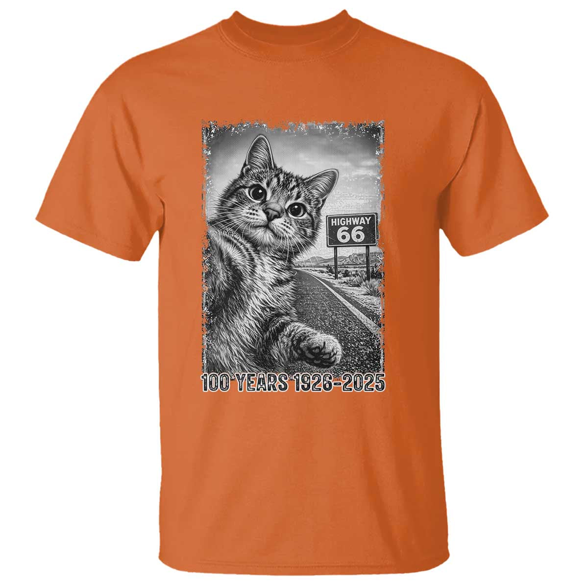 Funny Road Trip Cat Selfie with Highway 66 T Shirt Centennial 1926-2026 Historic Highway Humor TS02 Orange Print Your Wear
