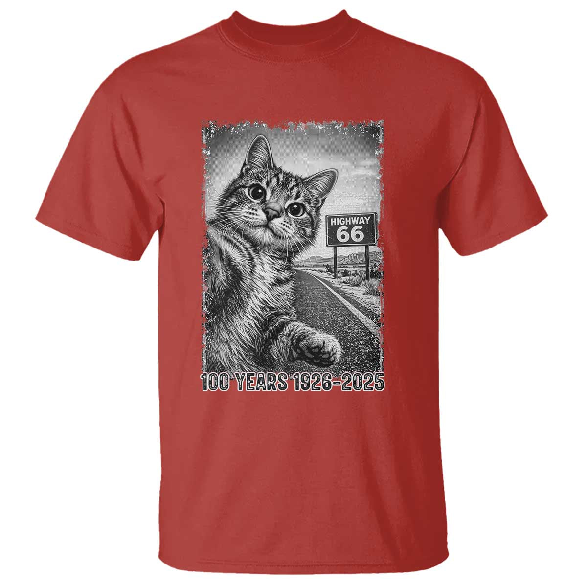 Funny Road Trip Cat Selfie with Highway 66 T Shirt Centennial 1926-2026 Historic Highway Humor TS02 Red Print Your Wear