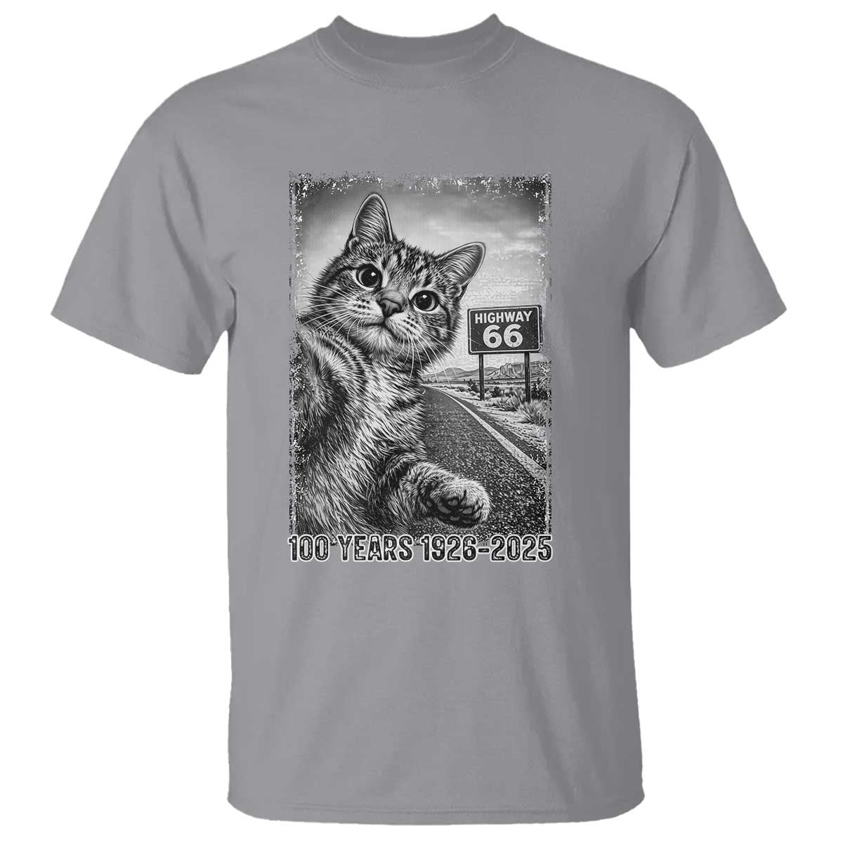 Funny Road Trip Cat Selfie with Highway 66 T Shirt Centennial 1926-2026 Historic Highway Humor TS02 Sport Gray Print Your Wear