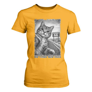 Funny Road Trip Cat Selfie with Highway 66 T Shirt For Women Centennial 1926-2026 Historic Highway Humor TS02 Gold Print Your Wear