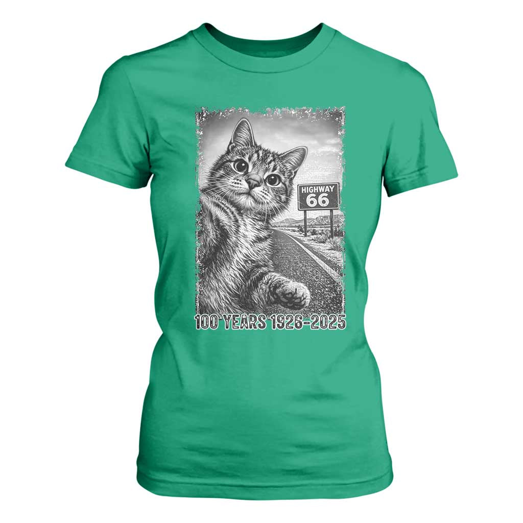 Funny Road Trip Cat Selfie with Highway 66 T Shirt For Women Centennial 1926-2026 Historic Highway Humor TS02 Irish Green Print Your Wear