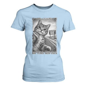 Funny Road Trip Cat Selfie with Highway 66 T Shirt For Women Centennial 1926-2026 Historic Highway Humor TS02 Light Blue Print Your Wear