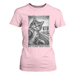 Funny Road Trip Cat Selfie with Highway 66 T Shirt For Women Centennial 1926-2026 Historic Highway Humor TS02 Light Pink Print Your Wear