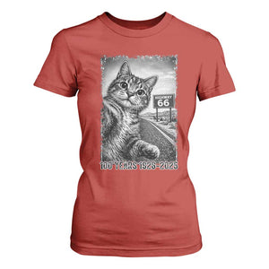 Funny Road Trip Cat Selfie with Highway 66 T Shirt For Women Centennial 1926-2026 Historic Highway Humor TS02 Red Print Your Wear
