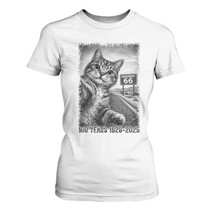 Funny Road Trip Cat Selfie with Highway 66 T Shirt For Women Centennial 1926-2026 Historic Highway Humor TS02 White Print Your Wear