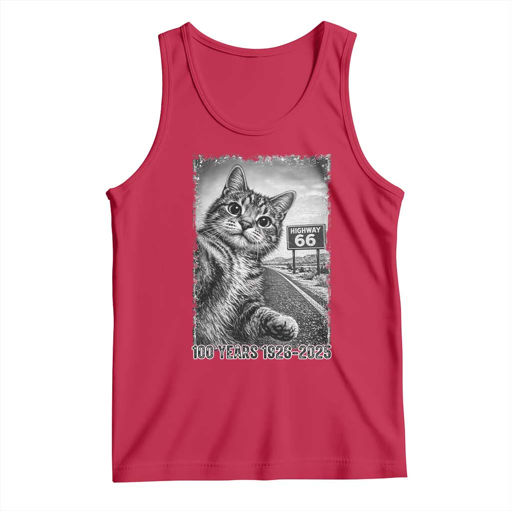 Funny Road Trip Cat Selfie with Highway 66 Tank Top Centennial 1926-2026 Historic Highway Humor TS02 Red Print Your Wear