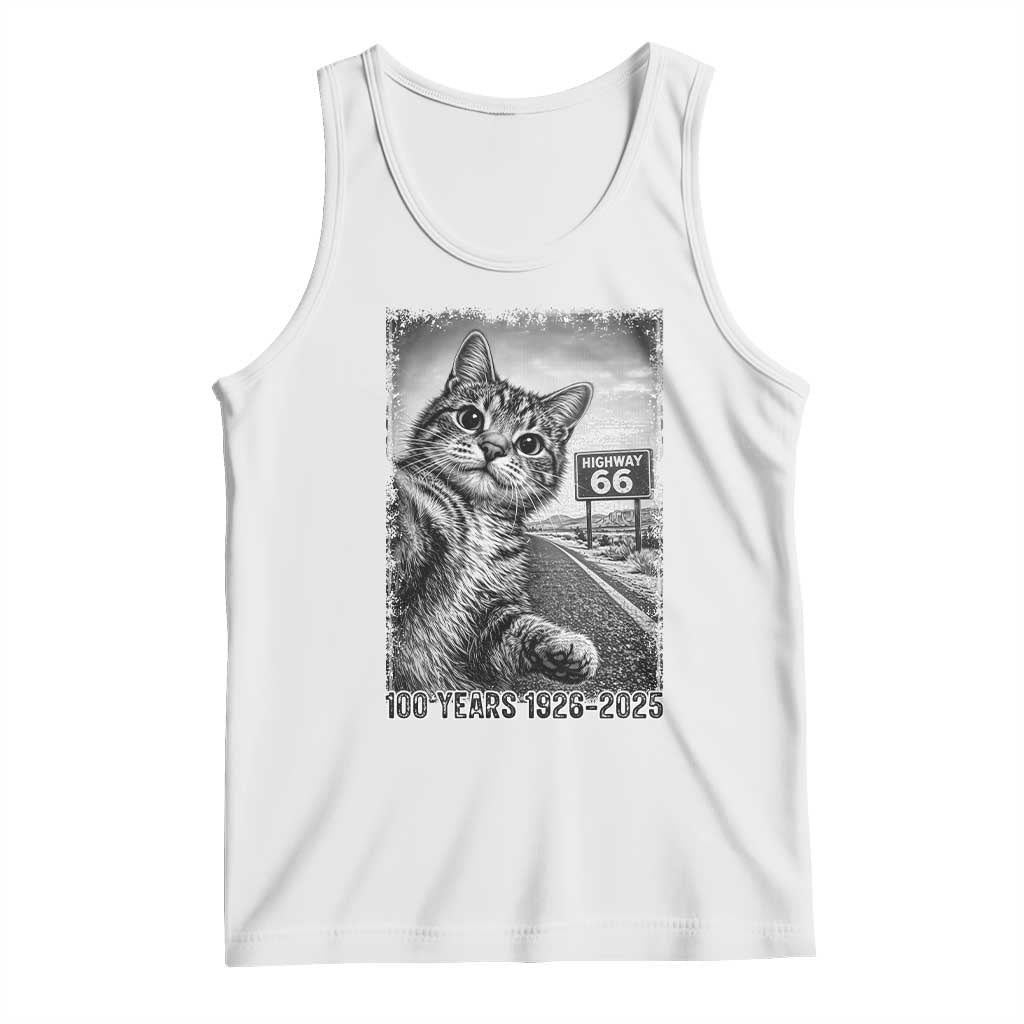 Funny Road Trip Cat Selfie with Highway 66 Tank Top Centennial 1926-2026 Historic Highway Humor TS02 White Print Your Wear