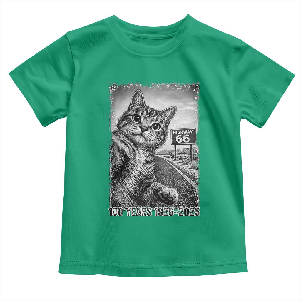 Funny Road Trip Cat Selfie with Highway 66 Toddler T Shirt Centennial 1926-2026 Historic Highway Humor TS02 Irish Green Print Your Wear