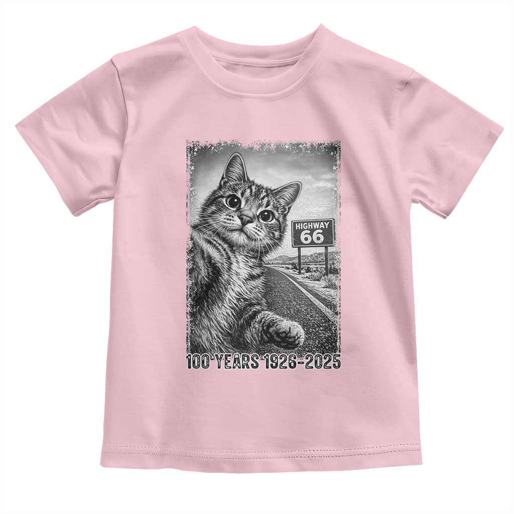 Funny Road Trip Cat Selfie with Highway 66 Toddler T Shirt Centennial 1926-2026 Historic Highway Humor TS02 Light Pink Print Your Wear