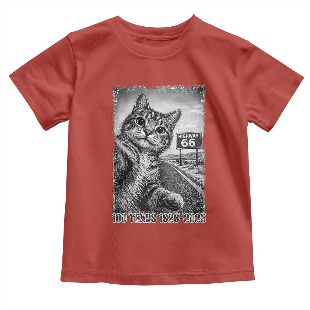 Funny Road Trip Cat Selfie with Highway 66 Toddler T Shirt Centennial 1926-2026 Historic Highway Humor TS02 Red Print Your Wear