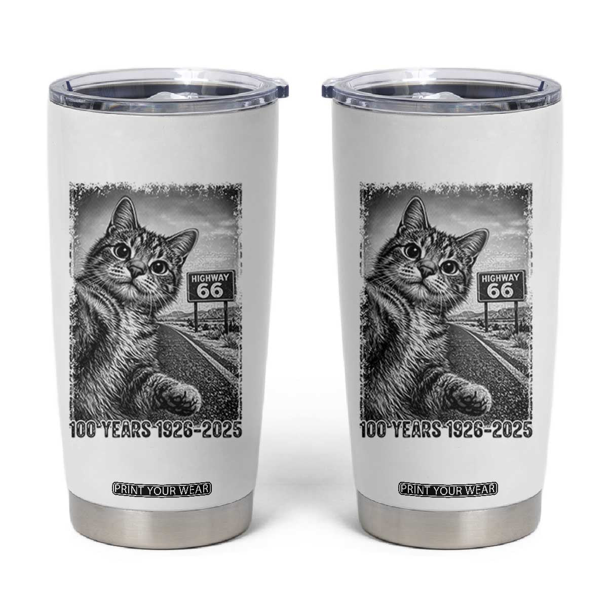 Funny Road Trip Cat Selfie with Highway 66 Tumbler Cup Centennial 1926-2026 Historic Highway Humor TS02 White Print Your Wear