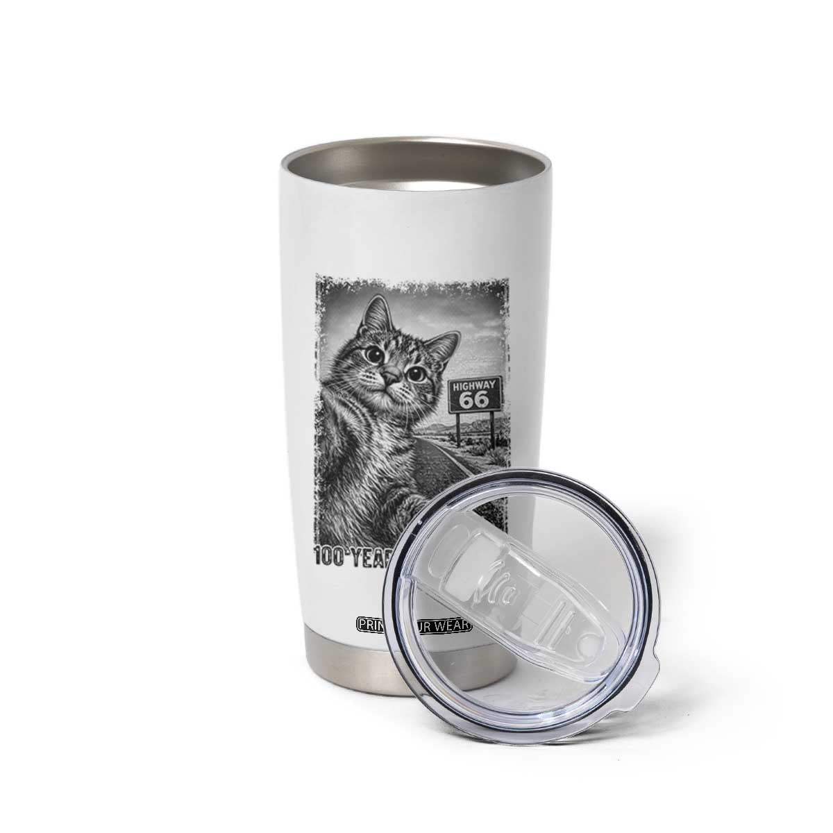 Funny Road Trip Cat Selfie with Highway 66 Tumbler Cup Centennial 1926-2026 Historic Highway Humor TS02 Print Your Wear