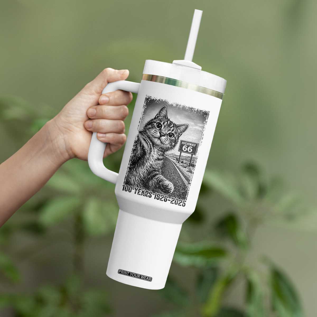 Funny Road Trip Cat Selfie with Highway 66 Tumbler With Handle Centennial 1926-2026 Historic Highway Humor TS02 Print Your Wear