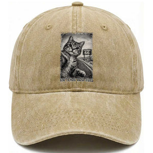 Funny Road Trip Cat Selfie with Highway 66 Washed Cotton Baseball Cap Centennial 1926-2026 Historic Highway Humor TS02 Print Your Wear