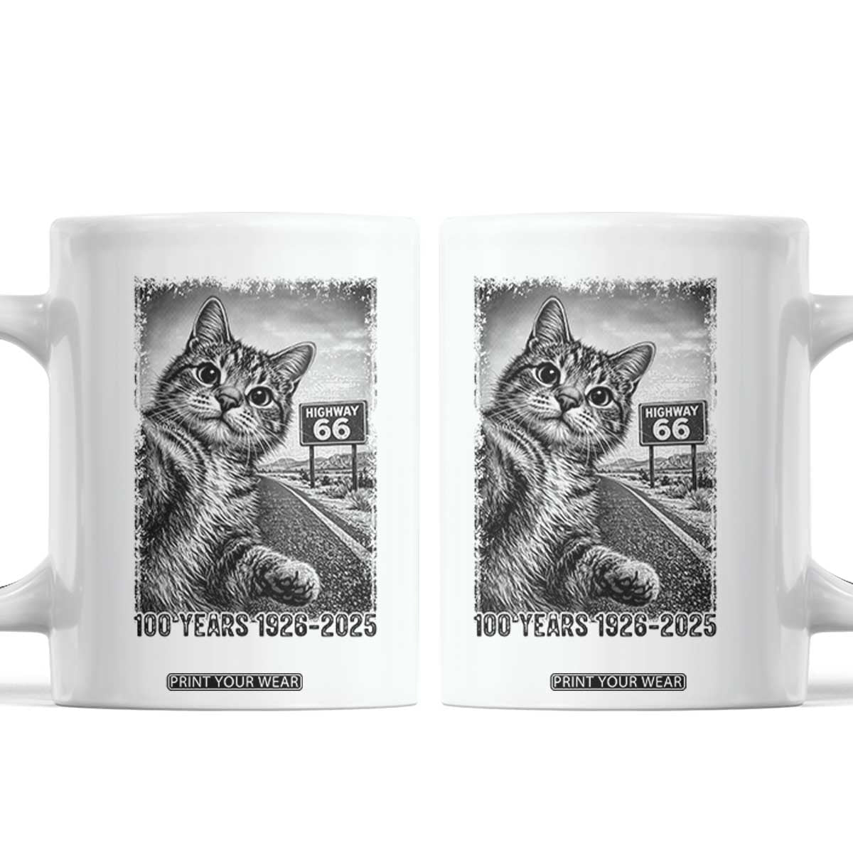 Funny Road Trip Cat Selfie with Highway 66 Coffee Mug Centennial 1926-2026 Historic Highway Humor TS02 White Print Your Wear