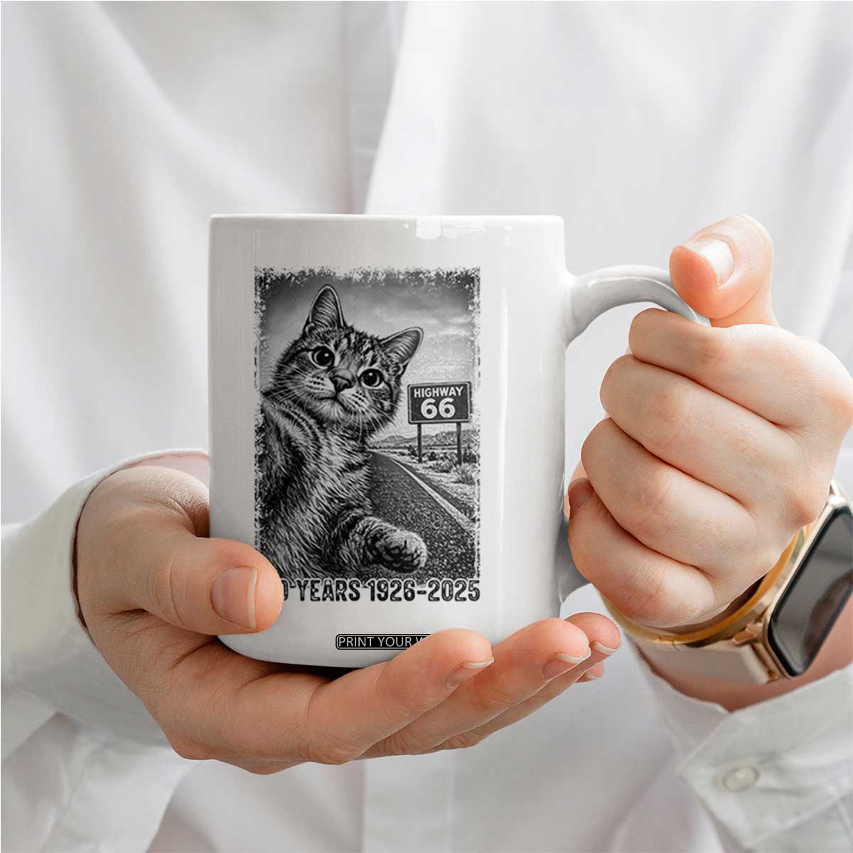 Funny Road Trip Cat Selfie with Highway 66 Coffee Mug Centennial 1926-2026 Historic Highway Humor TS02 Print Your Wear