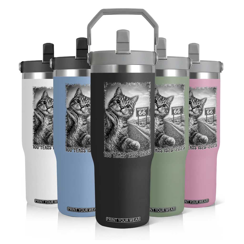 Funny Road Trip Cat Selfie with Highway 66 Flip Straw Tumbler Centennial 1926-2026 Historic Highway Humor TS02 Print Your Wear