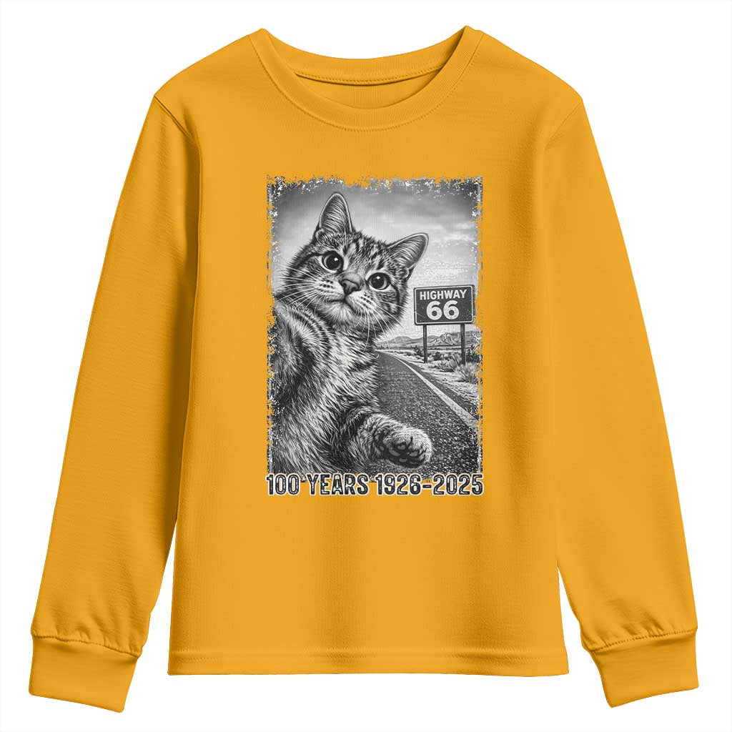 Funny Road Trip Cat Selfie with Highway 66 Youth Sweatshirt Centennial 1926-2026 Historic Highway Humor TS02 Gold Print Your Wear