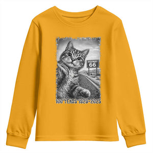 Funny Road Trip Cat Selfie with Highway 66 Youth Sweatshirt Centennial 1926-2026 Historic Highway Humor TS02 Gold Print Your Wear