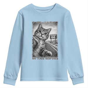 Funny Road Trip Cat Selfie with Highway 66 Youth Sweatshirt Centennial 1926-2026 Historic Highway Humor TS02 Light Blue Print Your Wear