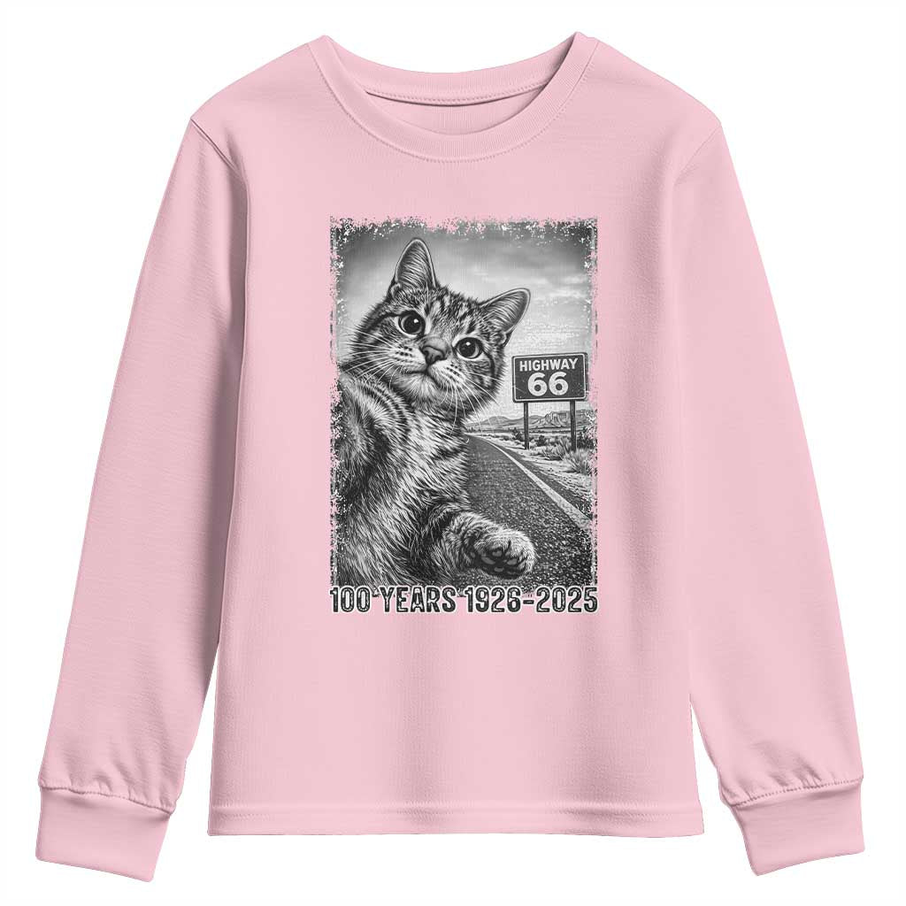 Funny Road Trip Cat Selfie with Highway 66 Youth Sweatshirt Centennial 1926-2026 Historic Highway Humor TS02 Light Pink Print Your Wear