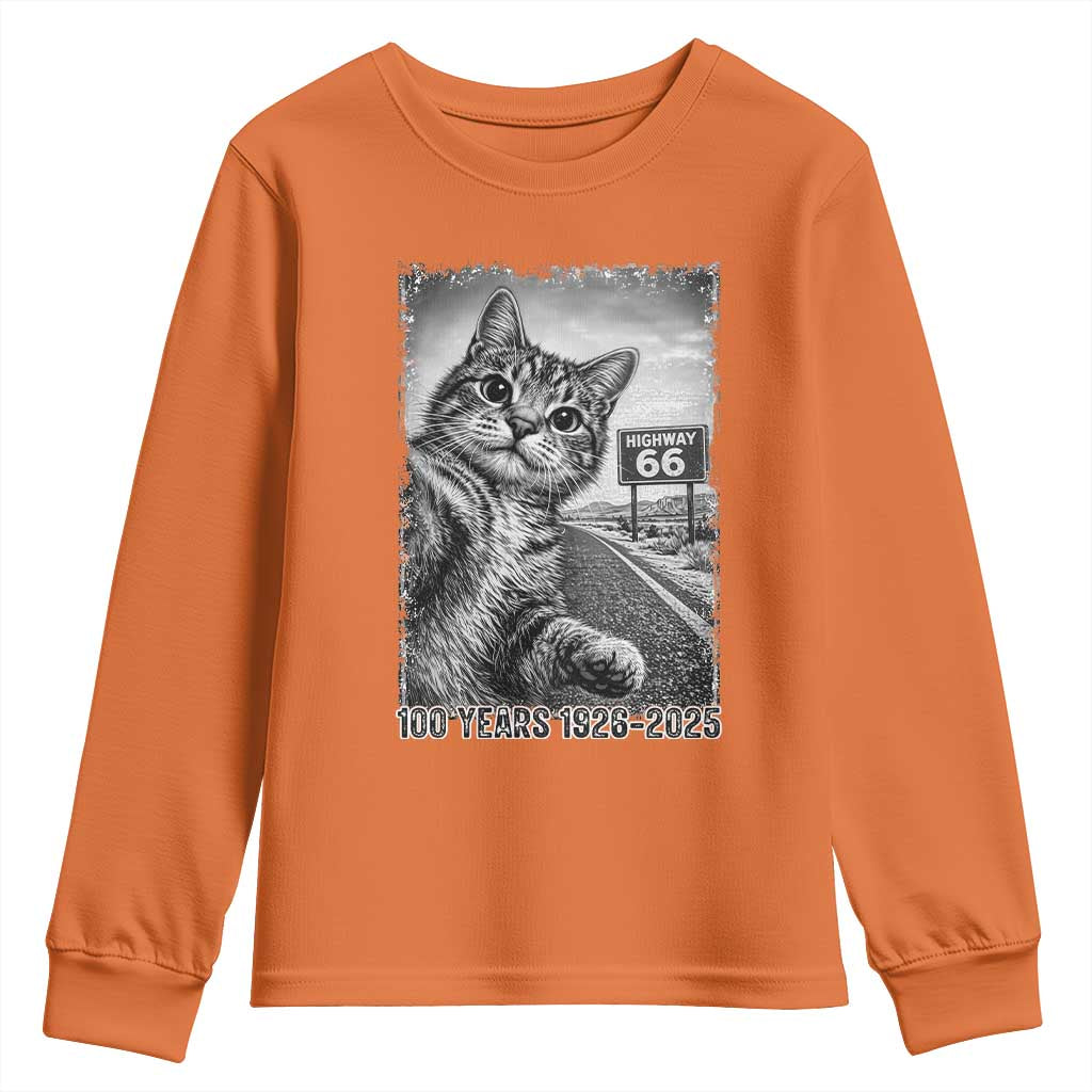Funny Road Trip Cat Selfie with Highway 66 Youth Sweatshirt Centennial 1926-2026 Historic Highway Humor TS02 Orange Print Your Wear