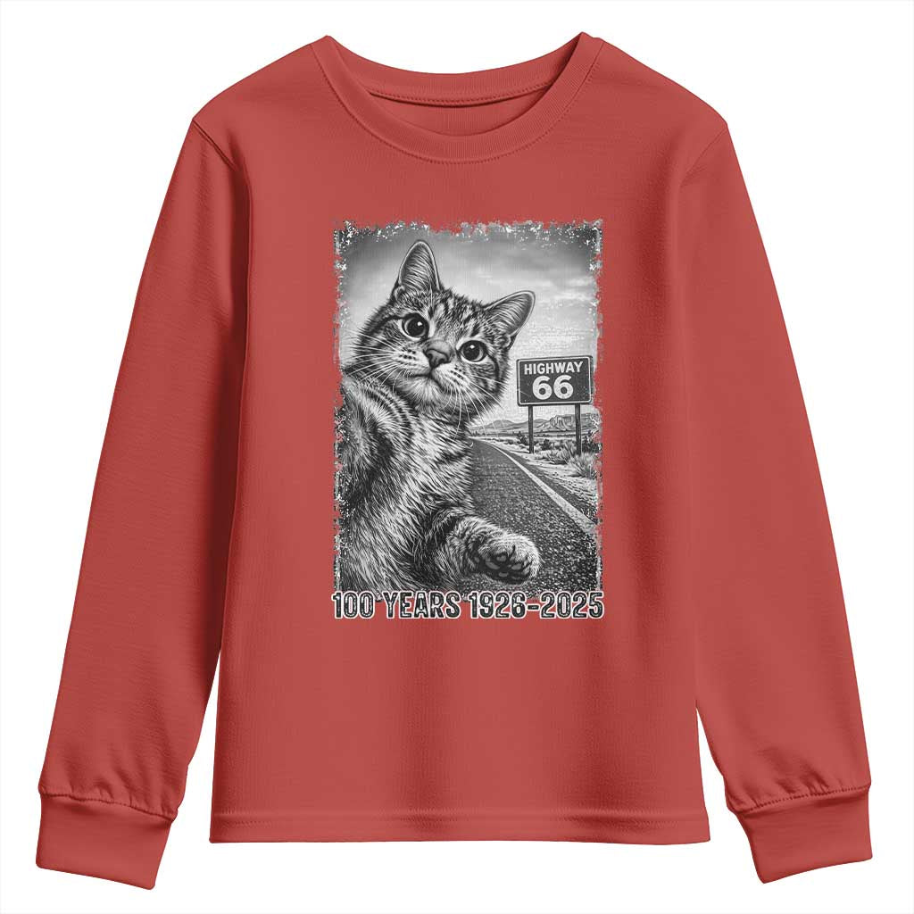 Funny Road Trip Cat Selfie with Highway 66 Youth Sweatshirt Centennial 1926-2026 Historic Highway Humor TS02 Red Print Your Wear