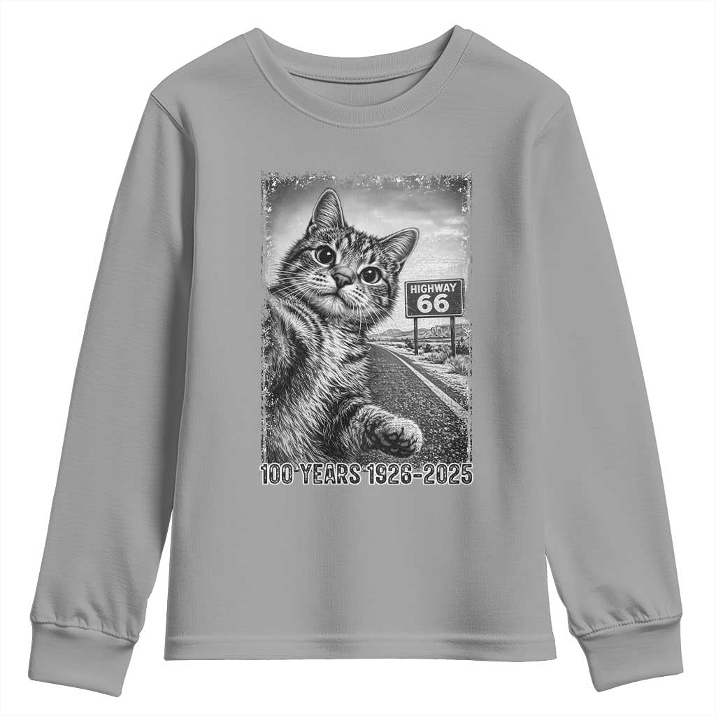 Funny Road Trip Cat Selfie with Highway 66 Youth Sweatshirt Centennial 1926-2026 Historic Highway Humor TS02 Sport Gray Print Your Wear