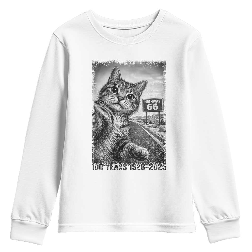 Funny Road Trip Cat Selfie with Highway 66 Youth Sweatshirt Centennial 1926-2026 Historic Highway Humor TS02 White Print Your Wear