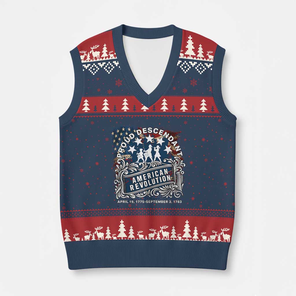 Proud Descendant American Revolution V-Neck Knit Sweater Vest 1775 to 1783 Patriotic Heritage TS02 Navy Red Print Your Wear