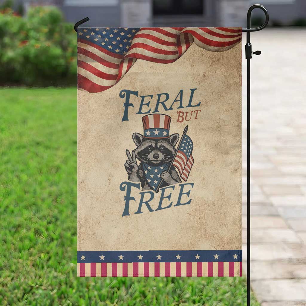 Funny Raccoon Patriotic Garden Flag Feral But Free 4th Of July American Flag TS02 Vintage Rustic Tan Navy Print Your Wear