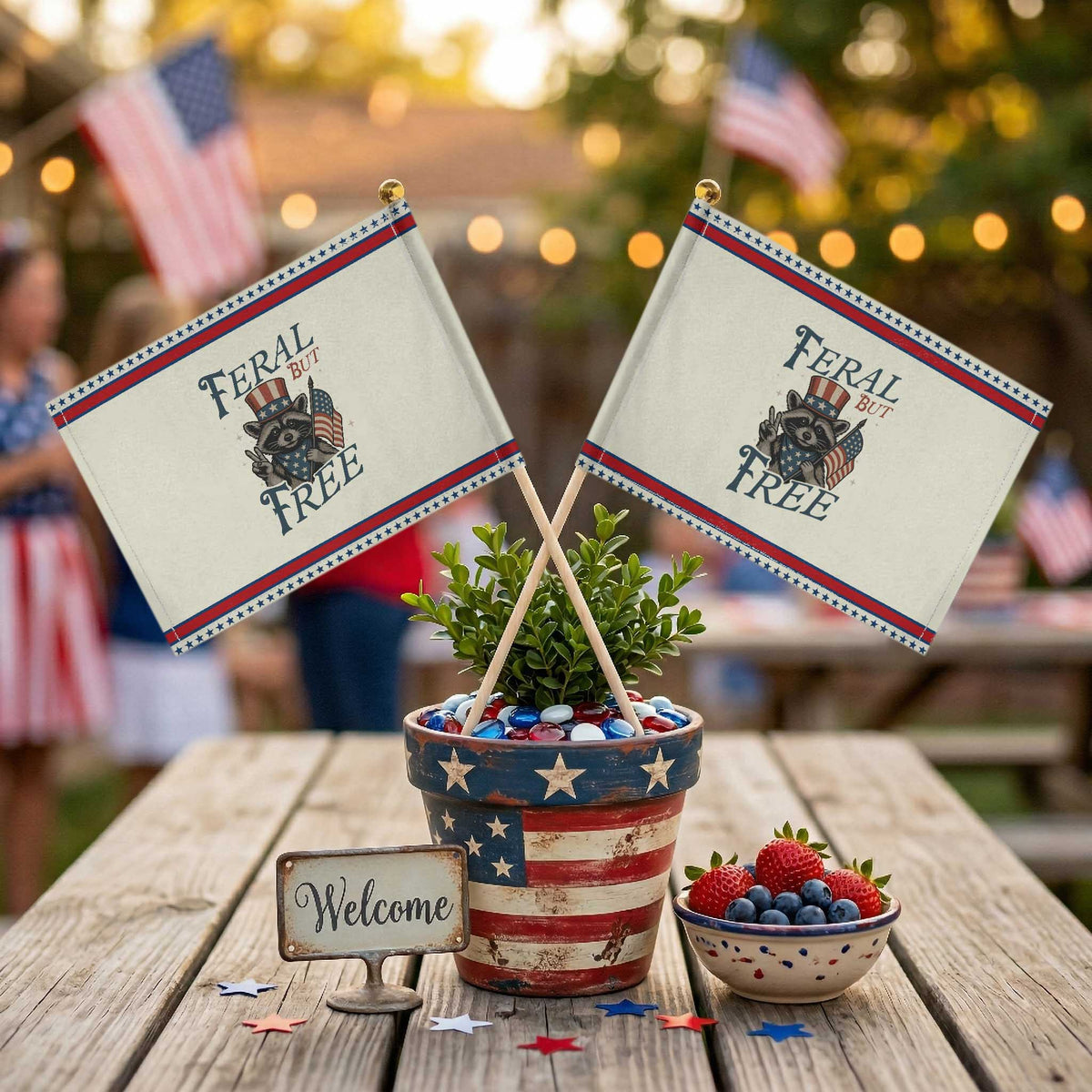 Funny Raccoon Patriotic Patriotic Handheld Flag Feral But Free 4th Of July American Flag TS02 Modern 8.2