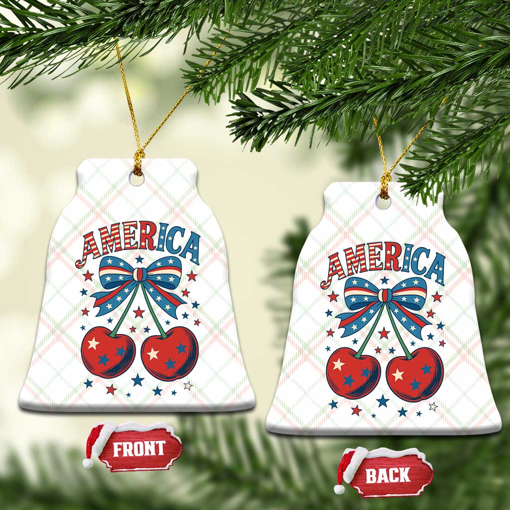 Retro Americana Cherries and Stars Coquette Bow Ceramic Ornament America Cute Patriotic 4th Of July US TS02 Print Your Wear