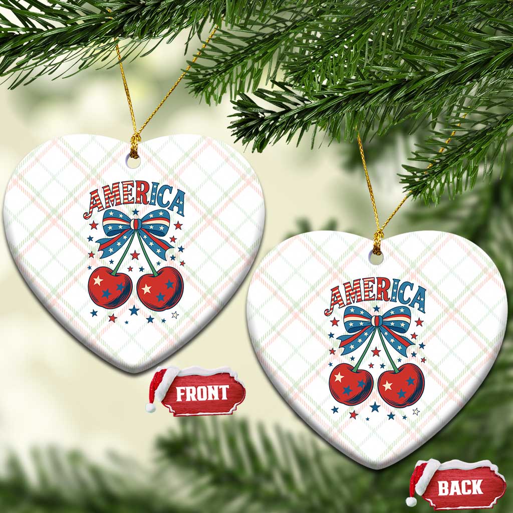 Retro Americana Cherries and Stars Coquette Bow Ceramic Ornament America Cute Patriotic 4th Of July US TS02 Print Your Wear