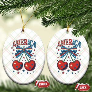 Retro Americana Cherries and Stars Coquette Bow Ceramic Ornament America Cute Patriotic 4th Of July US TS02 Print Your Wear