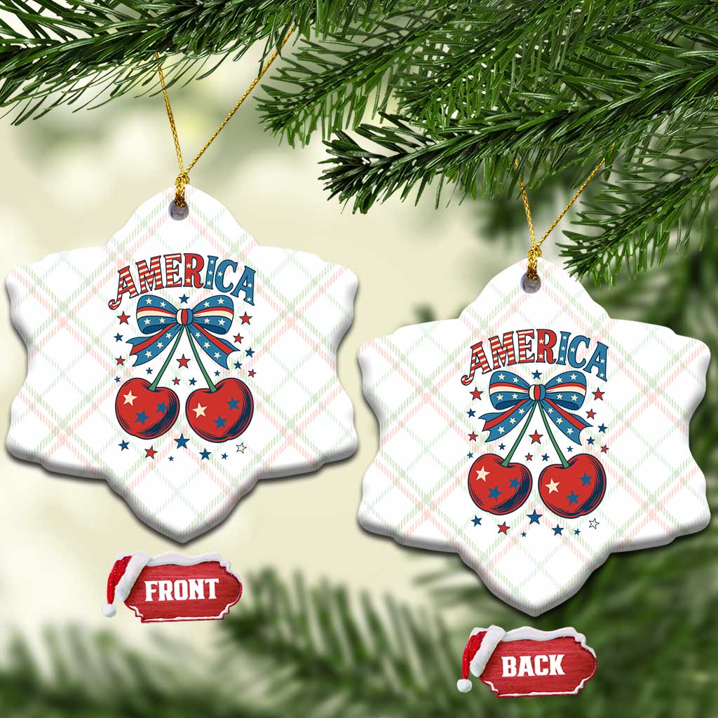 Retro Americana Cherries and Stars Coquette Bow Ceramic Ornament America Cute Patriotic 4th Of July US TS02 Print Your Wear