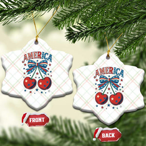 Retro Americana Cherries and Stars Coquette Bow Ceramic Ornament America Cute Patriotic 4th Of July US TS02 Print Your Wear